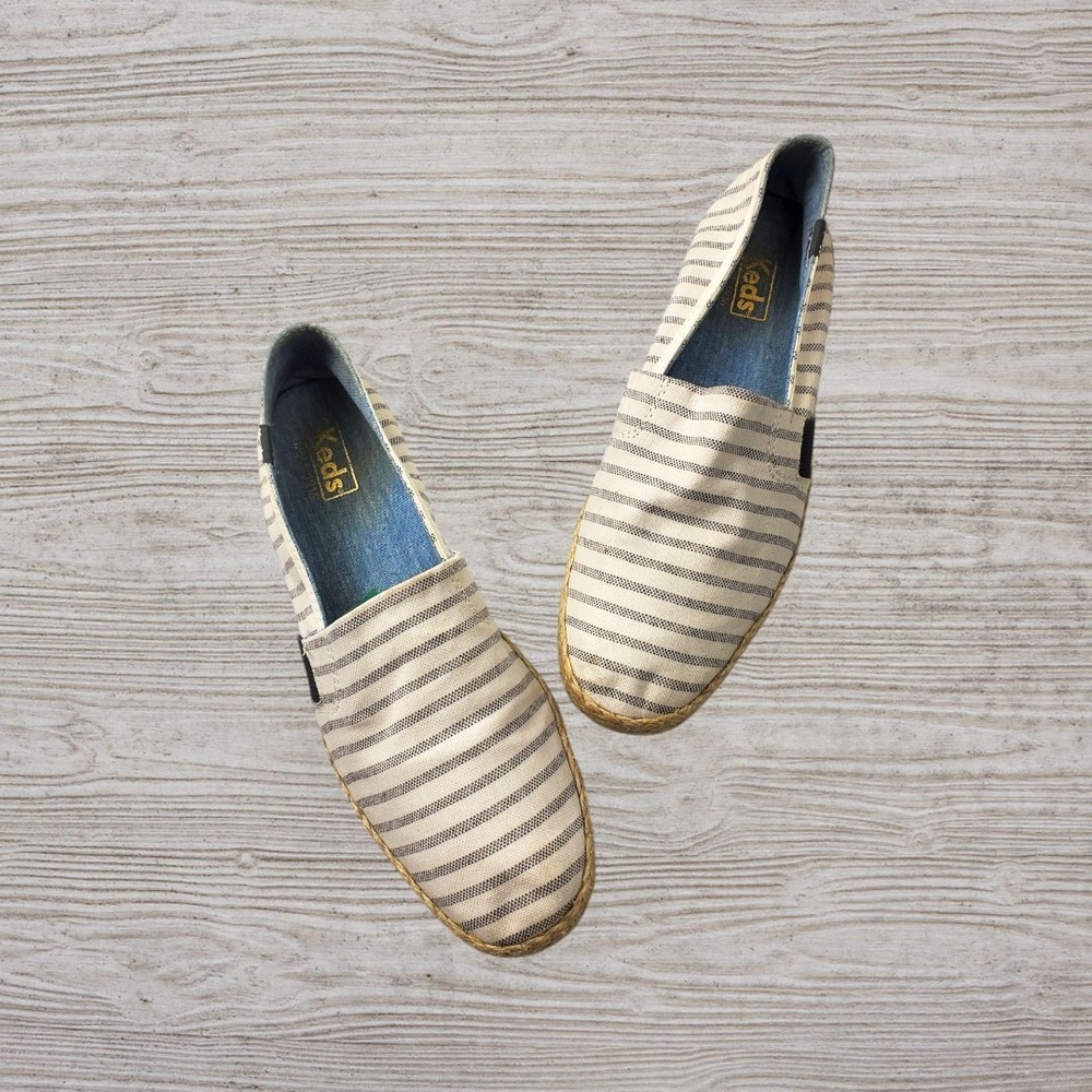 Keds Womens Striped Canvas‎ Espadrille Slip On Sneakers Cream Navy Size 10